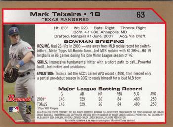 2004 Bowman - Gold #63 Mark Teixeira Back