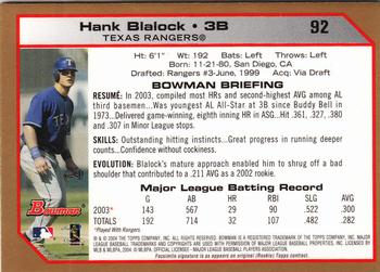 2004 Bowman - Gold #92 Hank Blalock Back