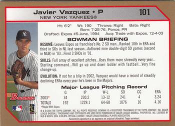 2004 Bowman - Gold #101 Javier Vazquez Back