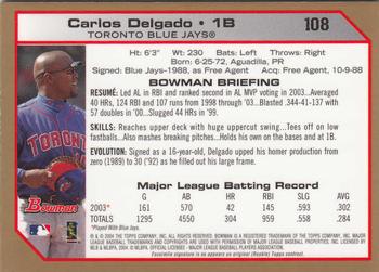 2004 Bowman - Gold #108 Carlos Delgado Back