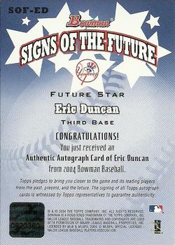 2004 Bowman - Signs of the Future #SOF-ED Eric Duncan Back