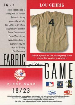 2001 Leaf Certified Materials - Fabric of the Game Career #FG-1 Lou Gehrig Back