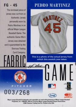 2001 Leaf Certified Materials - Fabric of the Game Career #FG-45 Pedro Martinez Back