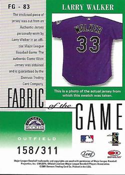 2001 Leaf Certified Materials - Fabric of the Game Career #FG-83 Larry Walker Back