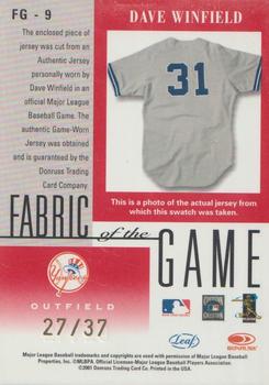 2001 Leaf Certified Materials - Fabric of the Game Season #FG-9 Dave Winfield Back
