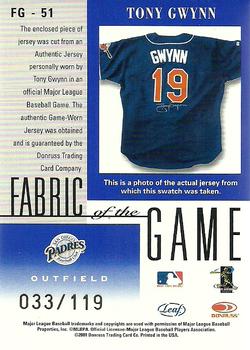 2001 Leaf Certified Materials - Fabric of the Game Season #FG-51 Tony Gwynn Back