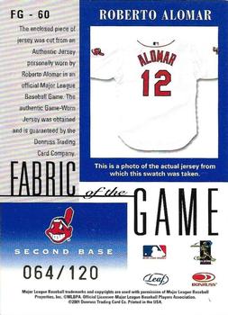 2001 Leaf Certified Materials - Fabric of the Game Season #FG-60 Roberto Alomar Back