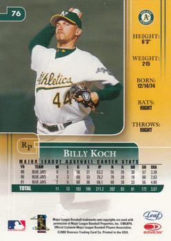 2002 Leaf Rookies & Stars #76 Billy Koch Back