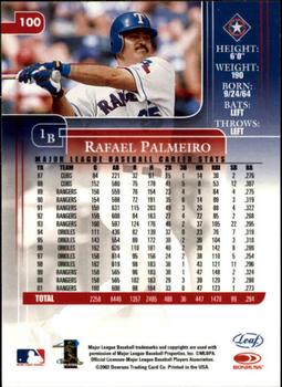 2002 Leaf Rookies & Stars #100 Rafael Palmeiro Back