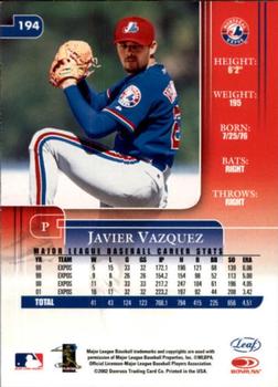 2002 Leaf Rookies & Stars #194 Javier Vazquez Back