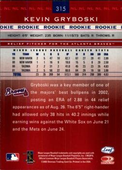 2002 Leaf Rookies & Stars #315 Kevin Gryboski Back