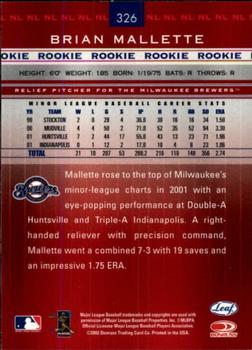 2002 Leaf Rookies & Stars #326 Brian Mallette Back