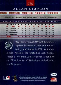 2002 Leaf Rookies & Stars #330 Allan Simpson Back