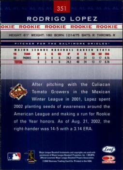 2002 Leaf Rookies & Stars #351 Rodrigo Lopez Back