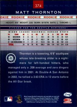 2002 Leaf Rookies & Stars #374 Matt Thornton Back