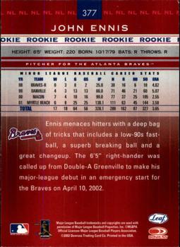 2002 Leaf Rookies & Stars #377 John Ennis Back