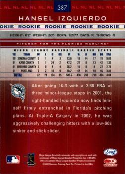 2002 Leaf Rookies & Stars #387 Hansel Izquierdo Back