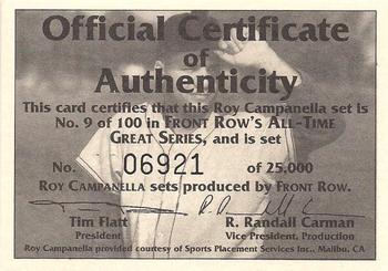 1992 Front Row All-Time Greats Roy Campanella #NNO Certificate of Authenticity Front