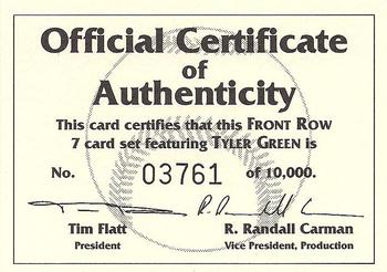 1992 Front Row Tyler Green #NNO Certificate of Authenticity Front