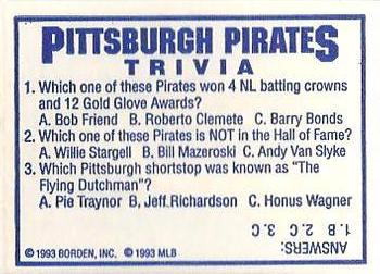 1993 Cracker Jack 1915 Replicas - Team Pennant Stickers #NNO Pittsburgh Pirates Back