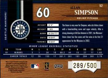 2002 Playoff Piece of the Game #52 Allan Simpson Back