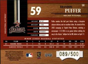 2002 Playoff Piece of the Game #58 Brandon Puffer Back