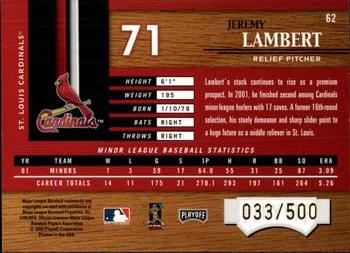 2002 Playoff Piece of the Game #62 Jeremy Lambert Back