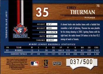 2002 Playoff Piece of the Game #75 Corey Thurman Back