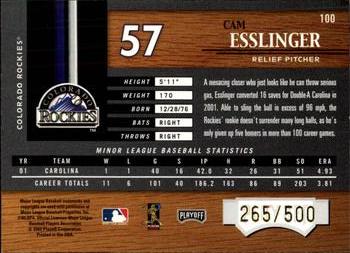 2002 Playoff Piece of the Game #100 Cam Esslinger Back