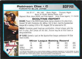 2004 Bowman Draft Picks & Prospects - Futures Game Jersey Relics #BDP149 Robinzon Diaz Back