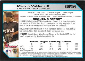 2004 Bowman Draft Picks & Prospects - Futures Game Jersey Relics #BDP154 Merkin Valdez Back