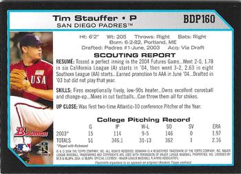 2004 Bowman Draft Picks & Prospects - Futures Game Jersey Relics #BDP160 Tim Stauffer Back