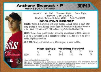 2004 Bowman Draft Picks & Prospects - Gold #BDP40 Anthony Swarzak Back
