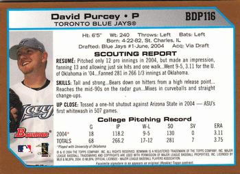 2004 Bowman Draft Picks & Prospects - Gold #BDP116 David Purcey Back