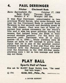1977 Dover Publications Classic Baseball Cards Reprints #4 Paul Derringer Back