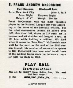 1977 Dover Publications Classic Baseball Cards Reprints #5 Frank McCormick Back
