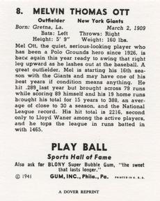 1977 Dover Publications Classic Baseball Cards Reprints #8 Mel Ott Back