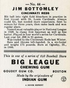 1977 Dover Publications Classic Baseball Cards Reprints #44 Jim Bottomley Back