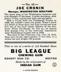 1977 Dover Publications Classic Baseball Cards Reprints #63 Joe Cronin Back
