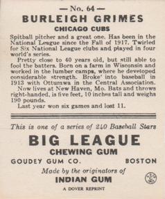 1977 Dover Publications Classic Baseball Cards Reprints #64 Burleigh Grimes Back