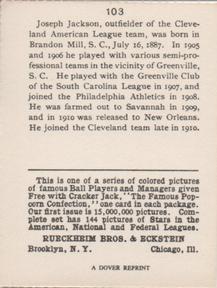 1977 Dover Publications Classic Baseball Cards Reprints #103 Shoeless Joe Jackson Back