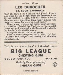 1977 Dover Publications Classic Baseball Cards Reprints #147 Leo Durocher Back