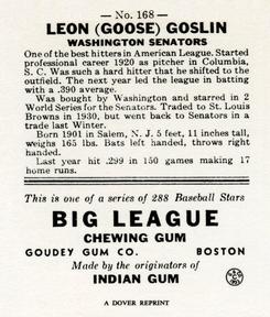 1977 Dover Publications Classic Baseball Cards Reprints #168 Goose Goslin Back