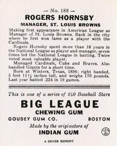 1977 Dover Publications Classic Baseball Cards Reprints #188 Rogers Hornsby Back