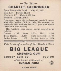 1977 Dover Publications Classic Baseball Cards Reprints #241 Charlie Gehringer Back