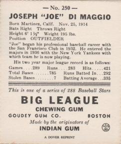 1977 Dover Publications Classic Baseball Cards Reprints #250 Joe DiMaggio Back