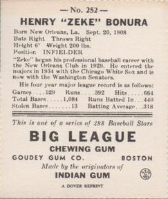 1977 Dover Publications Classic Baseball Cards Reprints #252 Zeke Bonura Back