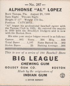 1977 Dover Publications Classic Baseball Cards Reprints #257 Al Lopez Back