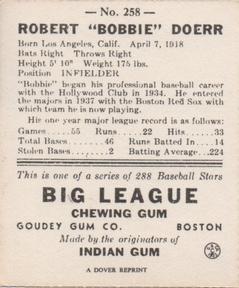 1977 Dover Publications Classic Baseball Cards Reprints #258 Bobby Doerr Back