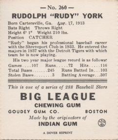 1977 Dover Publications Classic Baseball Cards Reprints #260 Rudy York Back